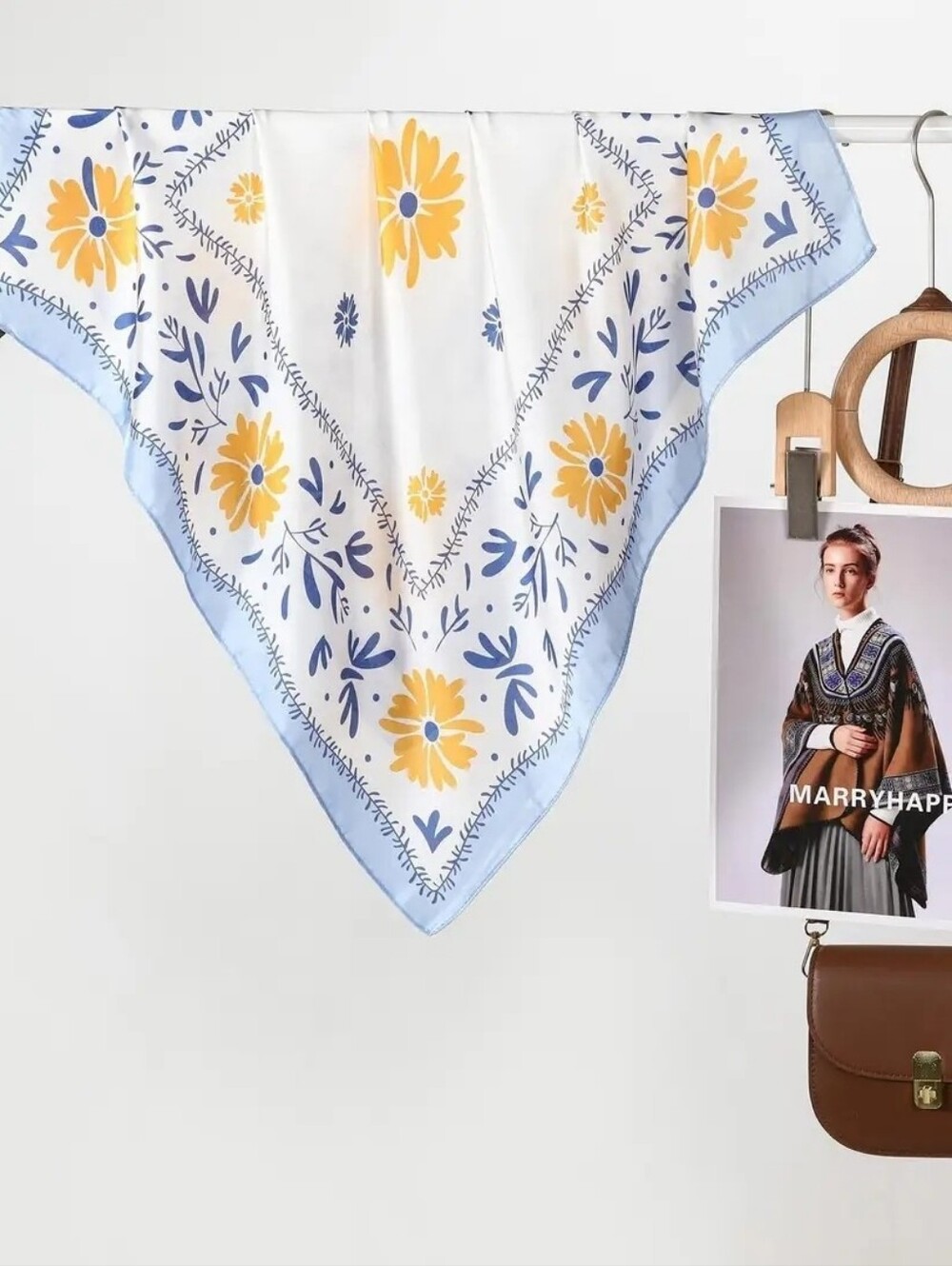 Floral Square Scarf in Blue & Yellow - Women Accessories
